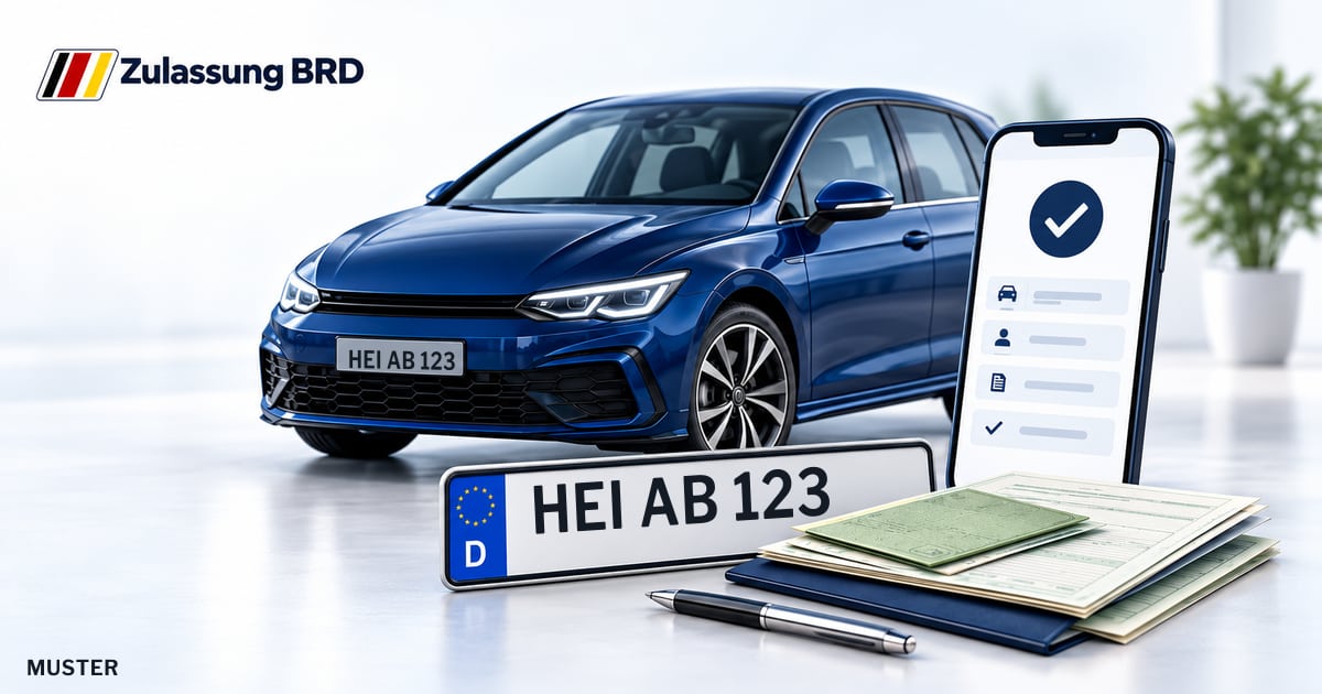 Online Fahrzeugzulassung in Brunsbüttel: Musterkennzeichen HEI AB 123, Auto und Fahrzeugpapiere und Smartphone. Illustration mit Logo von Zulassung BRD.
